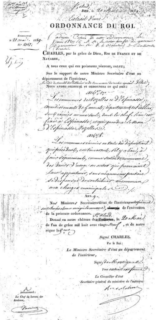 Document d'archive, ordonnance du Roi qui fonde Espinasse-Vozelle